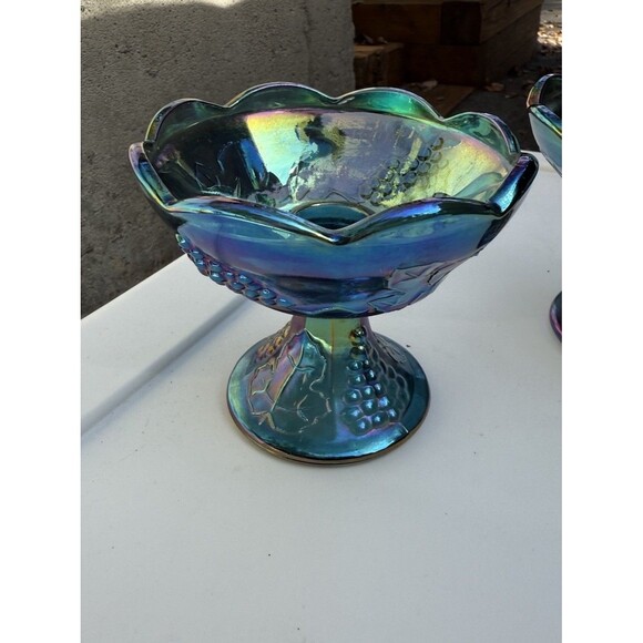 Blue Carnival Glass Harvest Grape Candle Holders - Picture 2 of 8